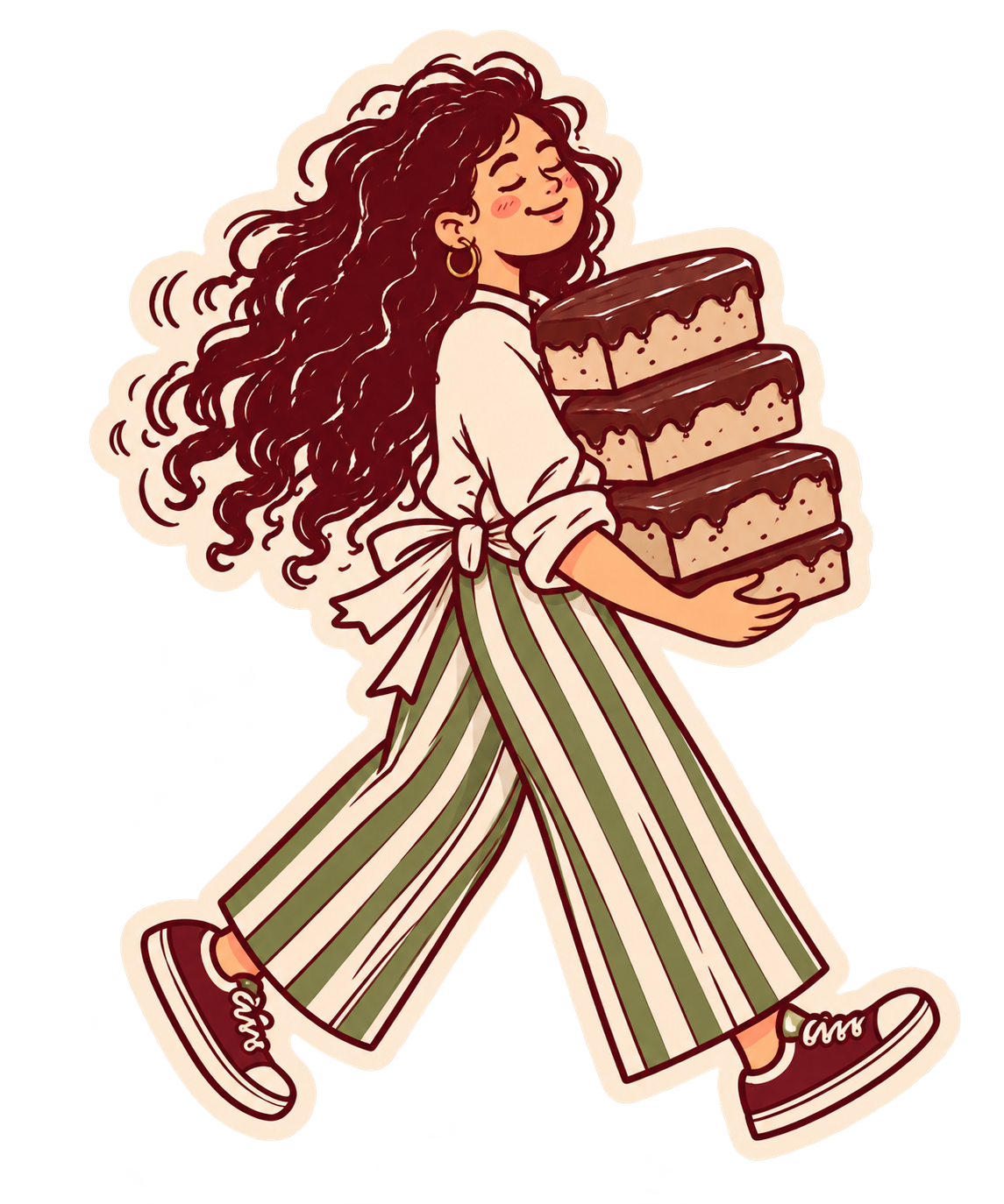 The Dateable Co. girl, with big curly hair and striped trousers, carrying a stack of chocolate-topped cakes